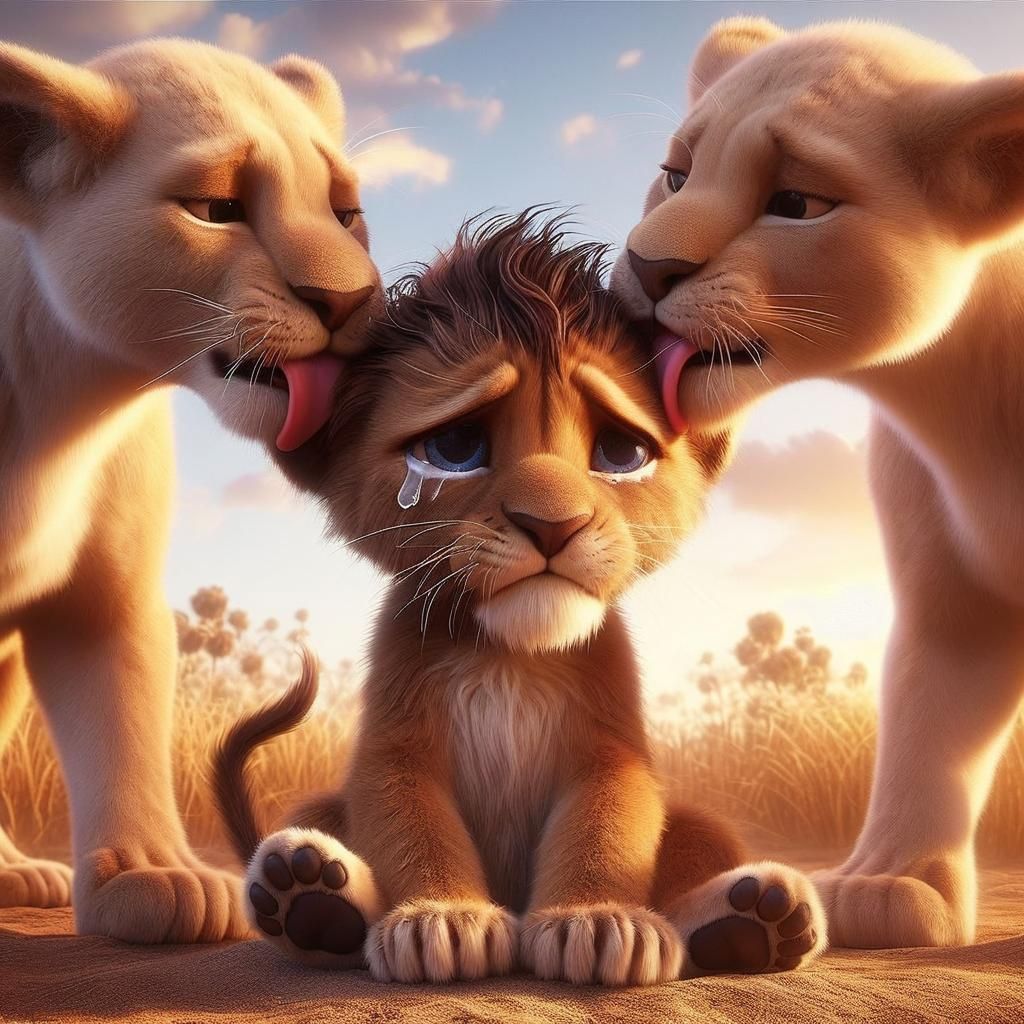 Sad Chibi Lion Cub Comforted by Lionesses