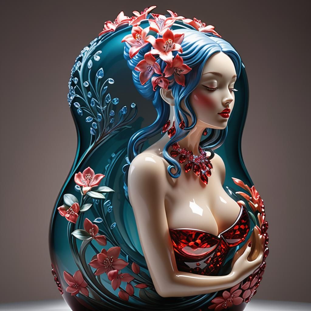Vivid Red Cubic Zirconia Woman Emerging from Vase