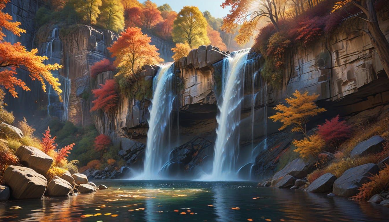 Majestic Autumn Waterfall in Warm Afternoon Light