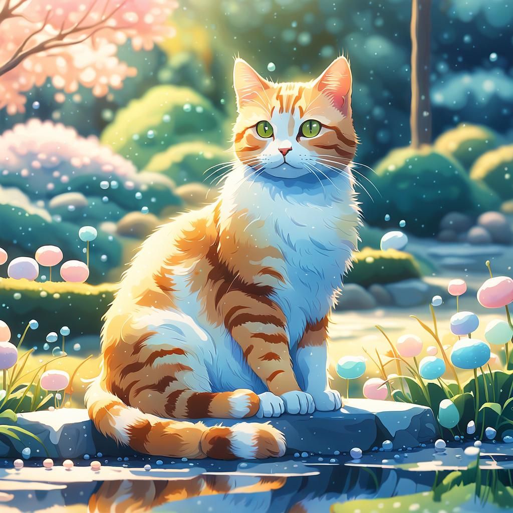 Pastel Cat in Japanese Garden: Anime Watercolor