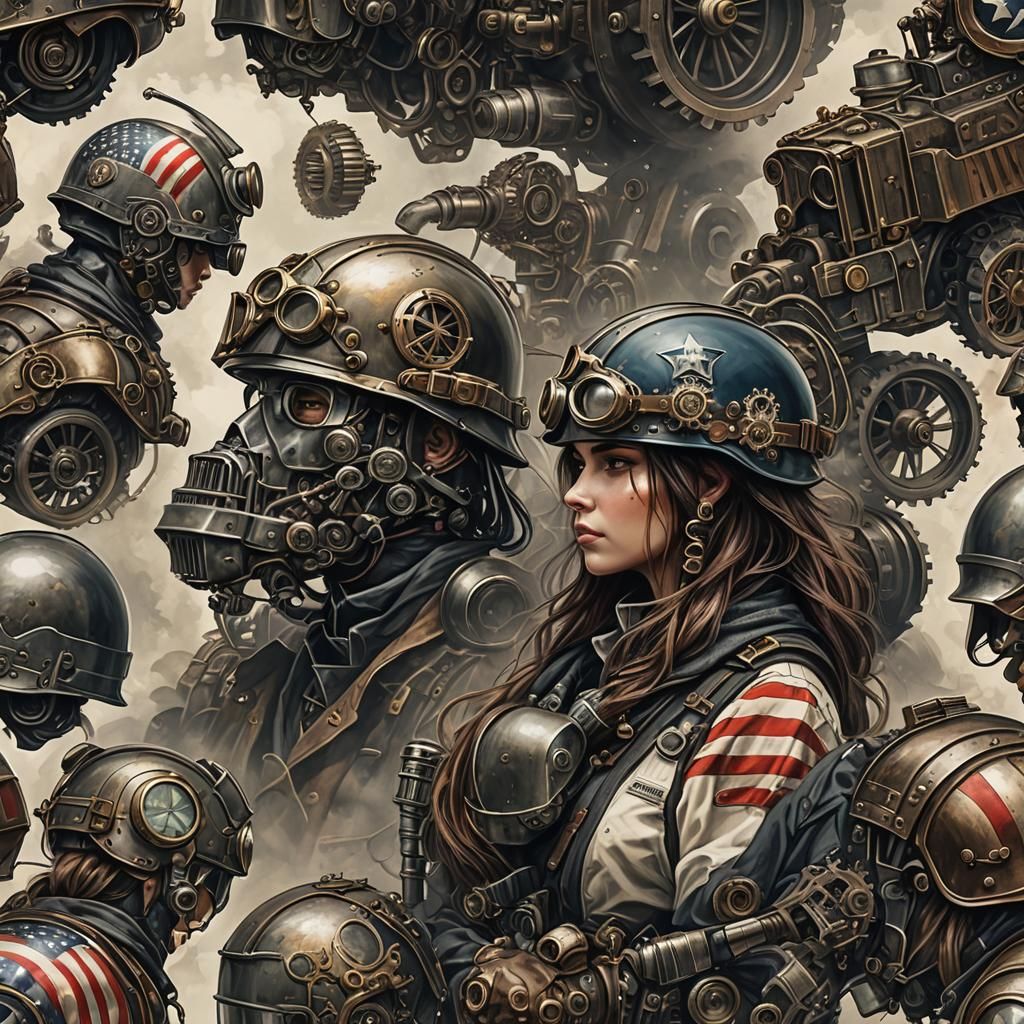 Steampunk Memorial: Fallen Soldiers with American Flag