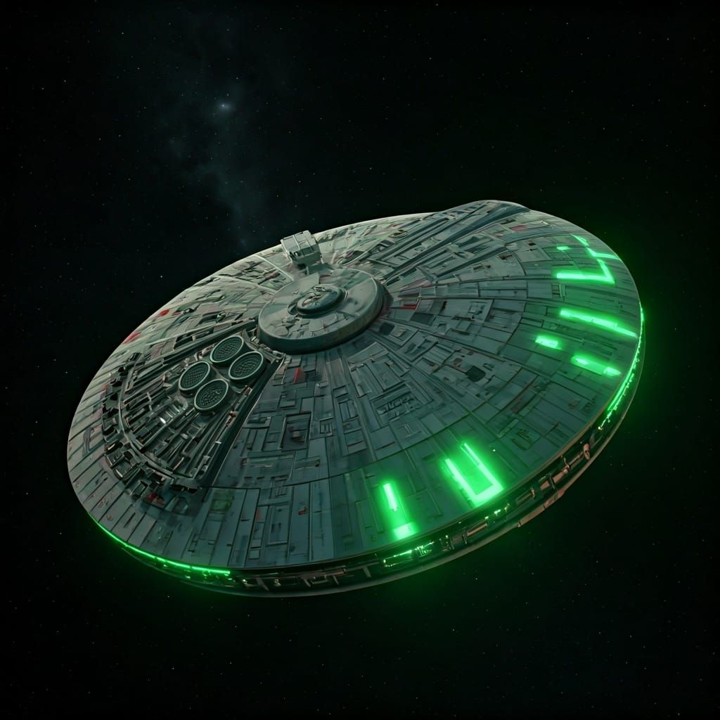 Futuristic Saucer Spaceship with Green Hyperwarp Engines