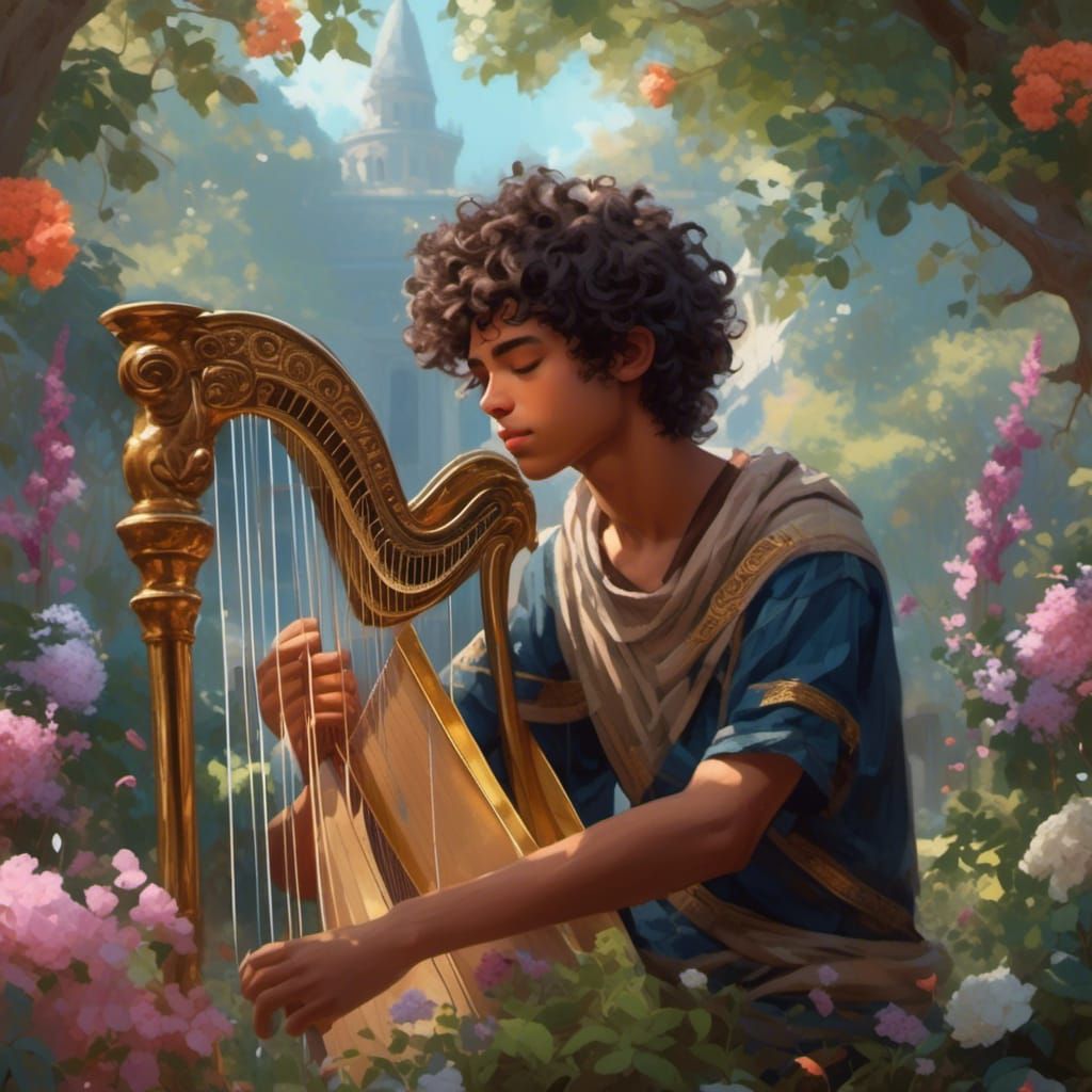 Teenage Boy with Harp in Hyperreal Photo