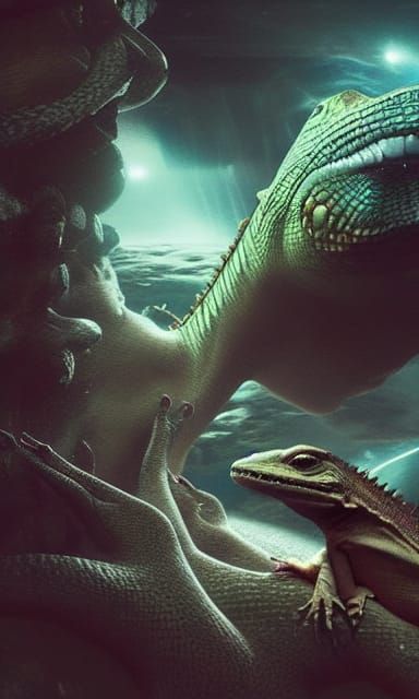 Lizard-Woman Ascends to Spaceship: Epic Digital Art