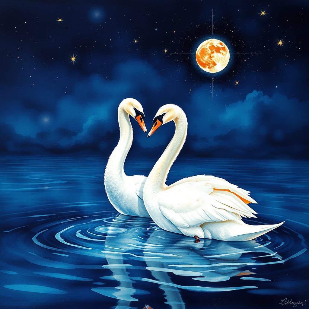 Dreamy Watercolor Swans in a Surreal Moonlit Landscape