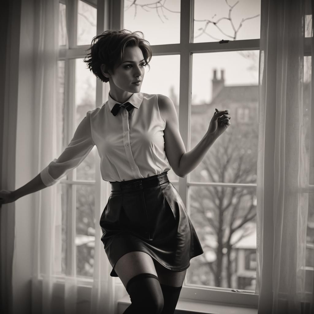 Woman in Leather Corset, Black and White Portrait