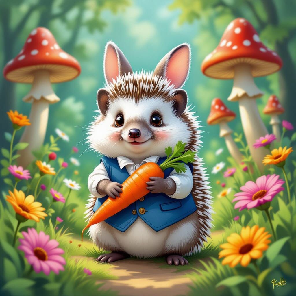 Hedgehog in Rabbit World, Fauvist Art Nouveau Style