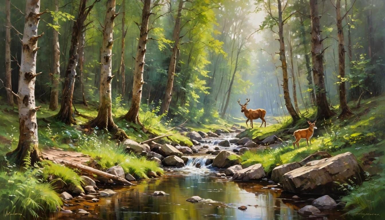 Verdant Forest Scene in Impressionist Style