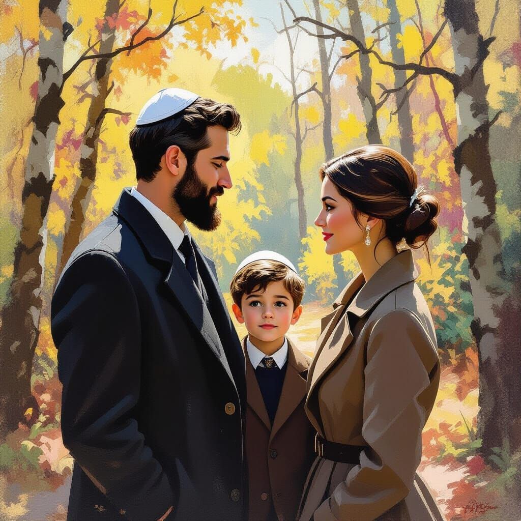 Family in Forest: An Impressionist Gouache Painting