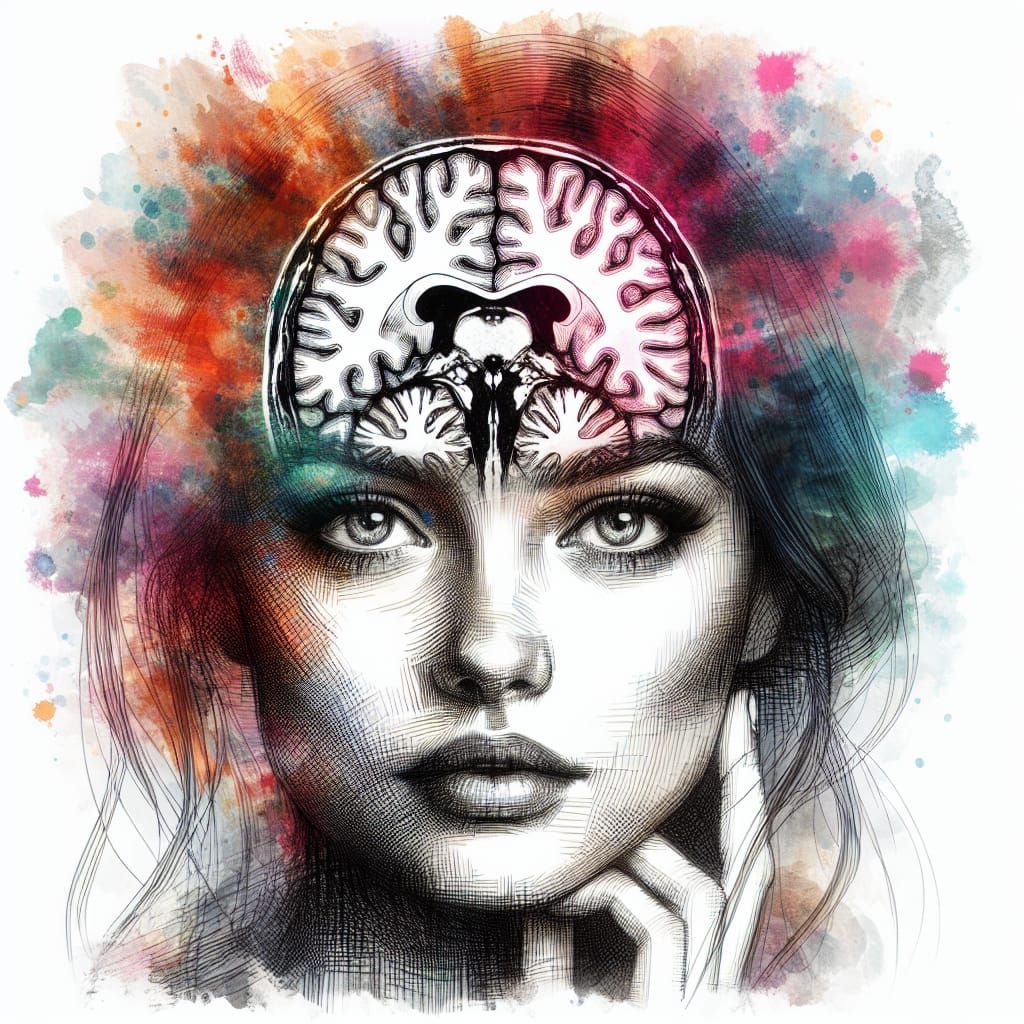 Double Exposure Portrait with MRI Scan, Watercolor and Ink