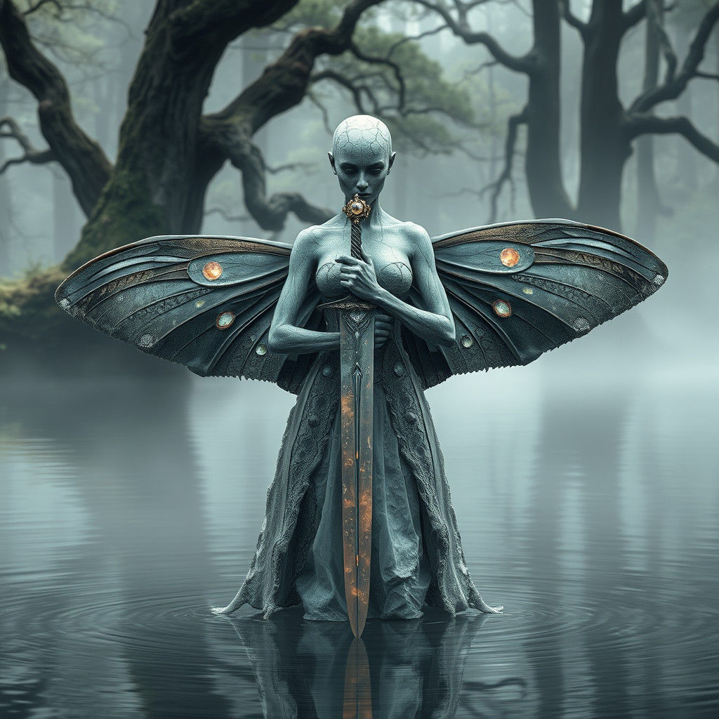 Granite Faerie with Sword in Ethereal Lake