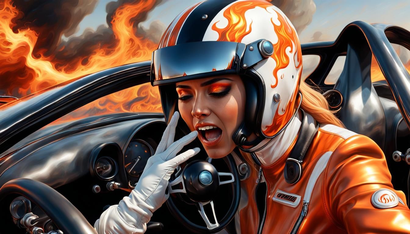 Burning Fear: Hyperrealistic Racing Car Inferno