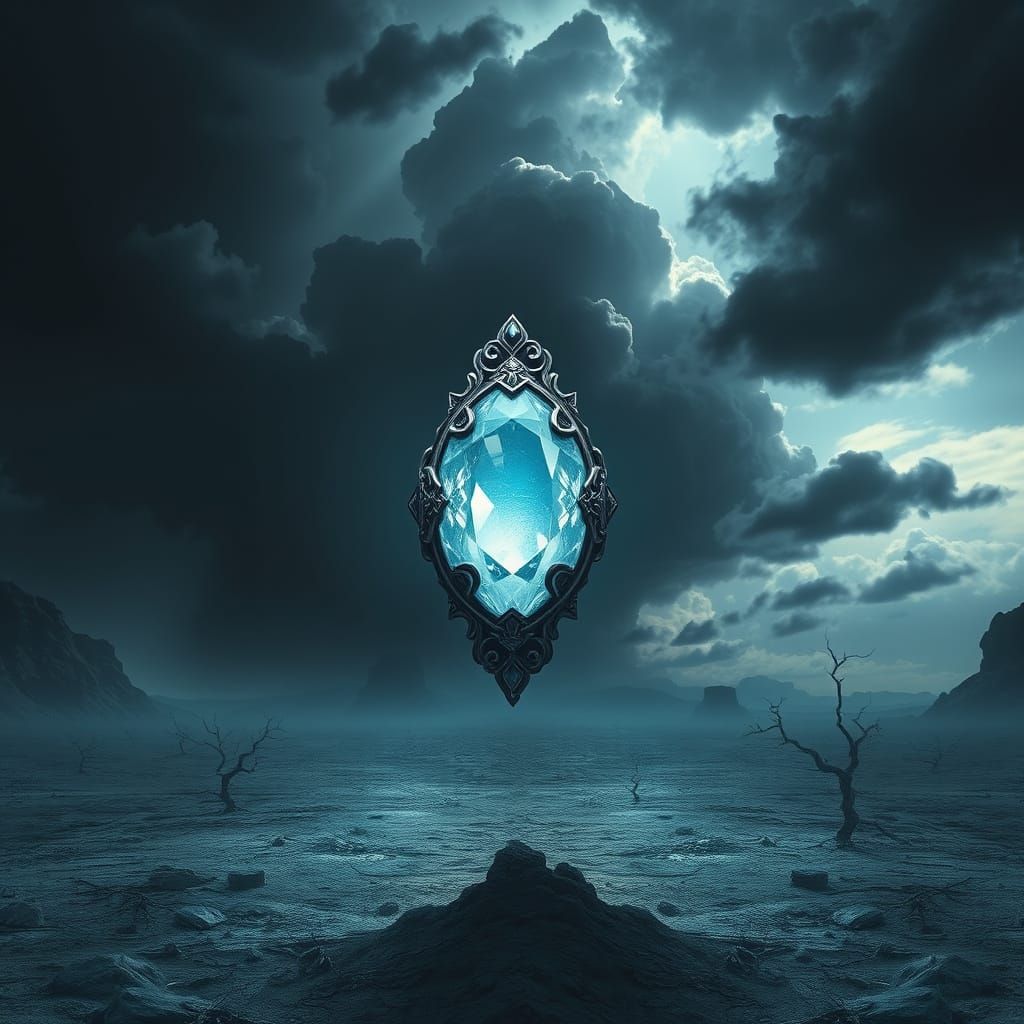 Ethereal Gemstone in Stormy Landscape, Digital Art