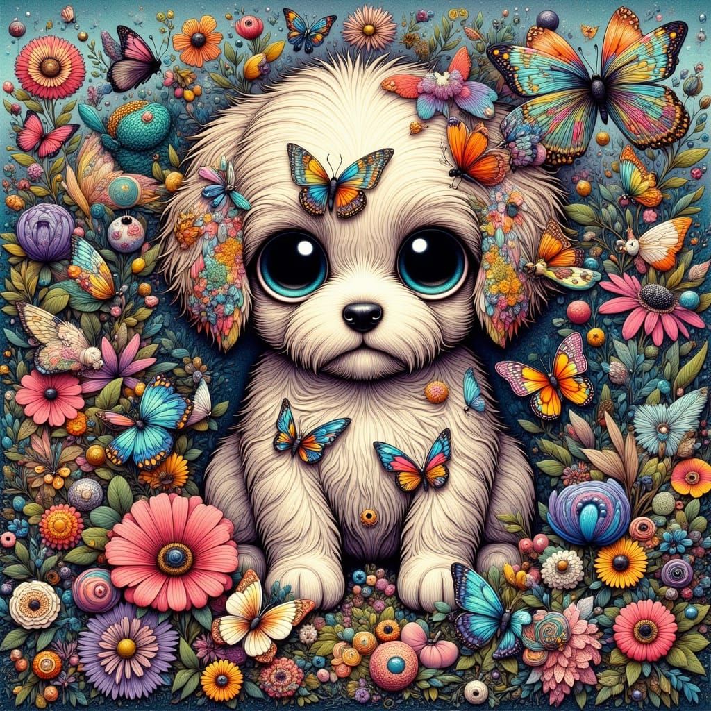 Kaleidoscope Eyed Puppy in Postmodern Collage Style