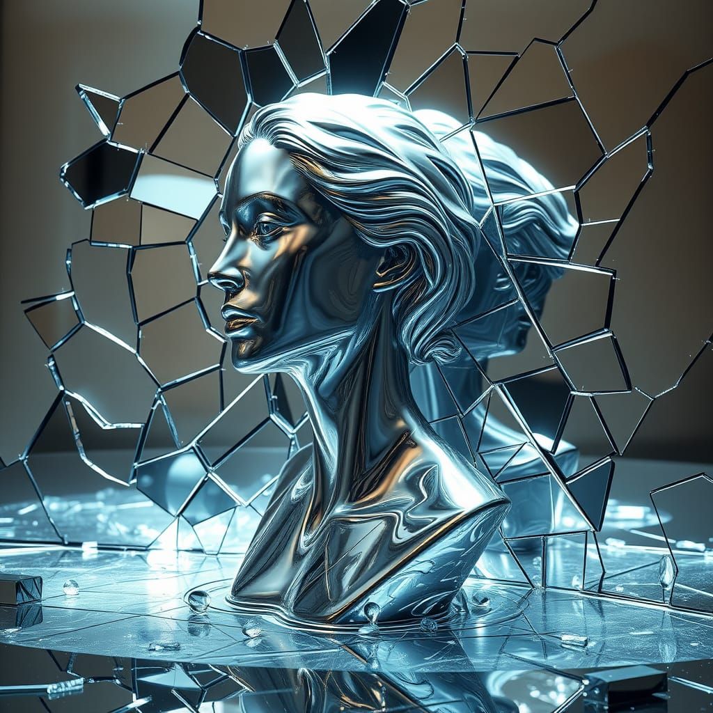 Silver Woman Bust Emerging from Shattered Mirror