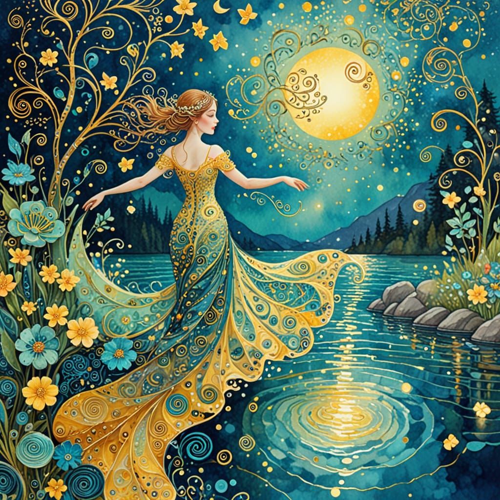 Klimt's Whimsical Water Nymphs Dance Across a Turquoise Lake