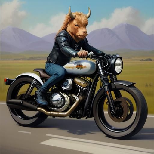 Highland Cow Rides Futuristic Motorcycle as Oil Painting