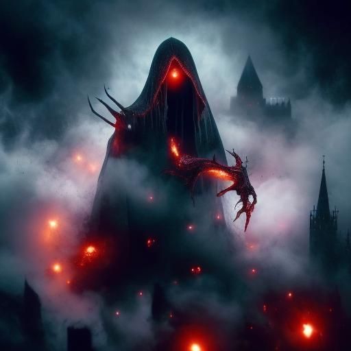 Creepy Shape with Red Eyes in Foggy Village