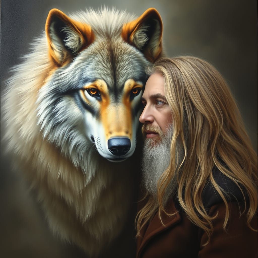 Man with Wolf Spirit: Evocative Painting of Nature