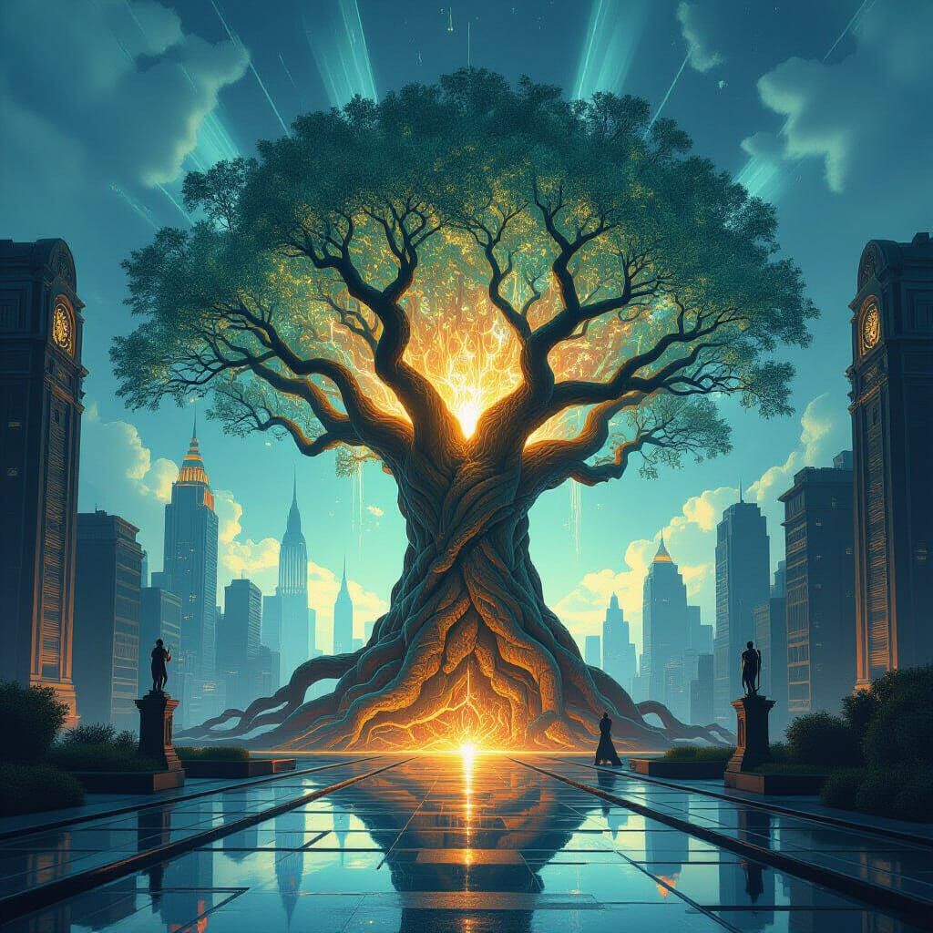 Bioluminescent Tree Pulsates Over Metropolis Ruins