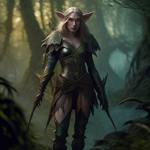 Elven Ranger Guarding Bioluminescent Forest in Romantic Oil ...
