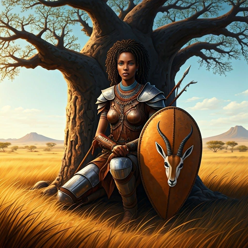 African Savannah Warrior Woman with Shield and Spear