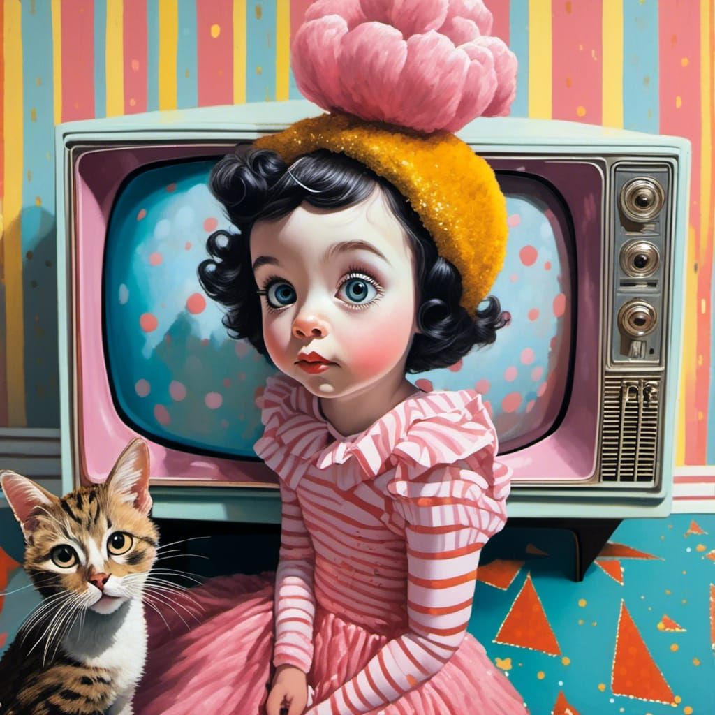 A gorgeous portrait of a pastel tim burton princess with freckles, dramatic composition, sequins, a vintage television, ...