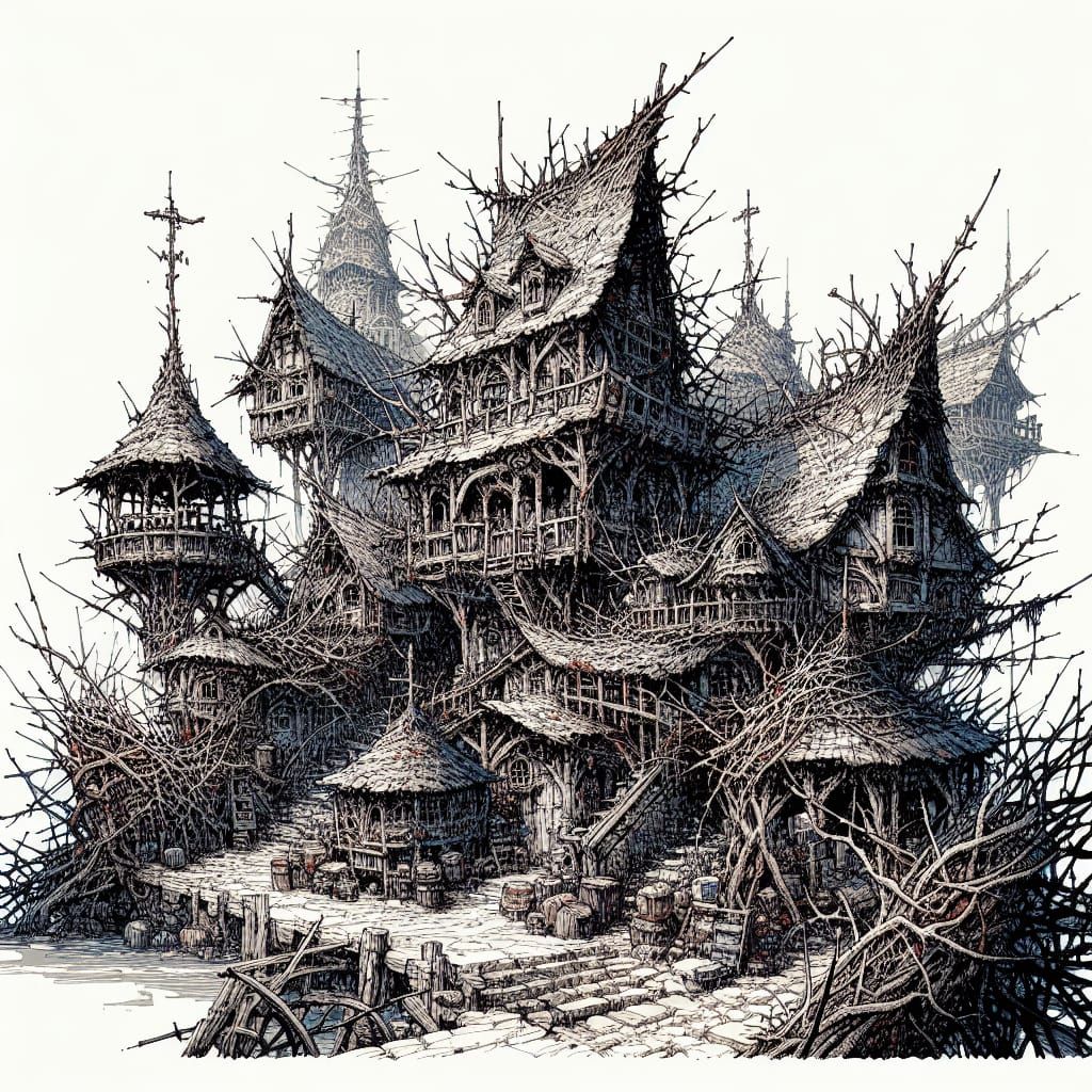 Anime-Inspired Bramble Village in Ink and Watercolor