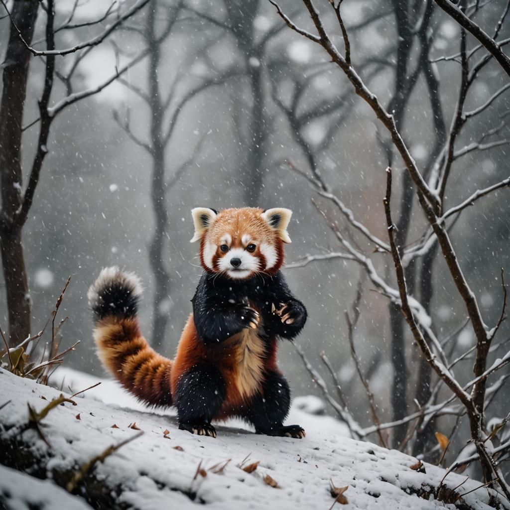 Baby Red Panda in Snowstorm: Cinematic Film Still