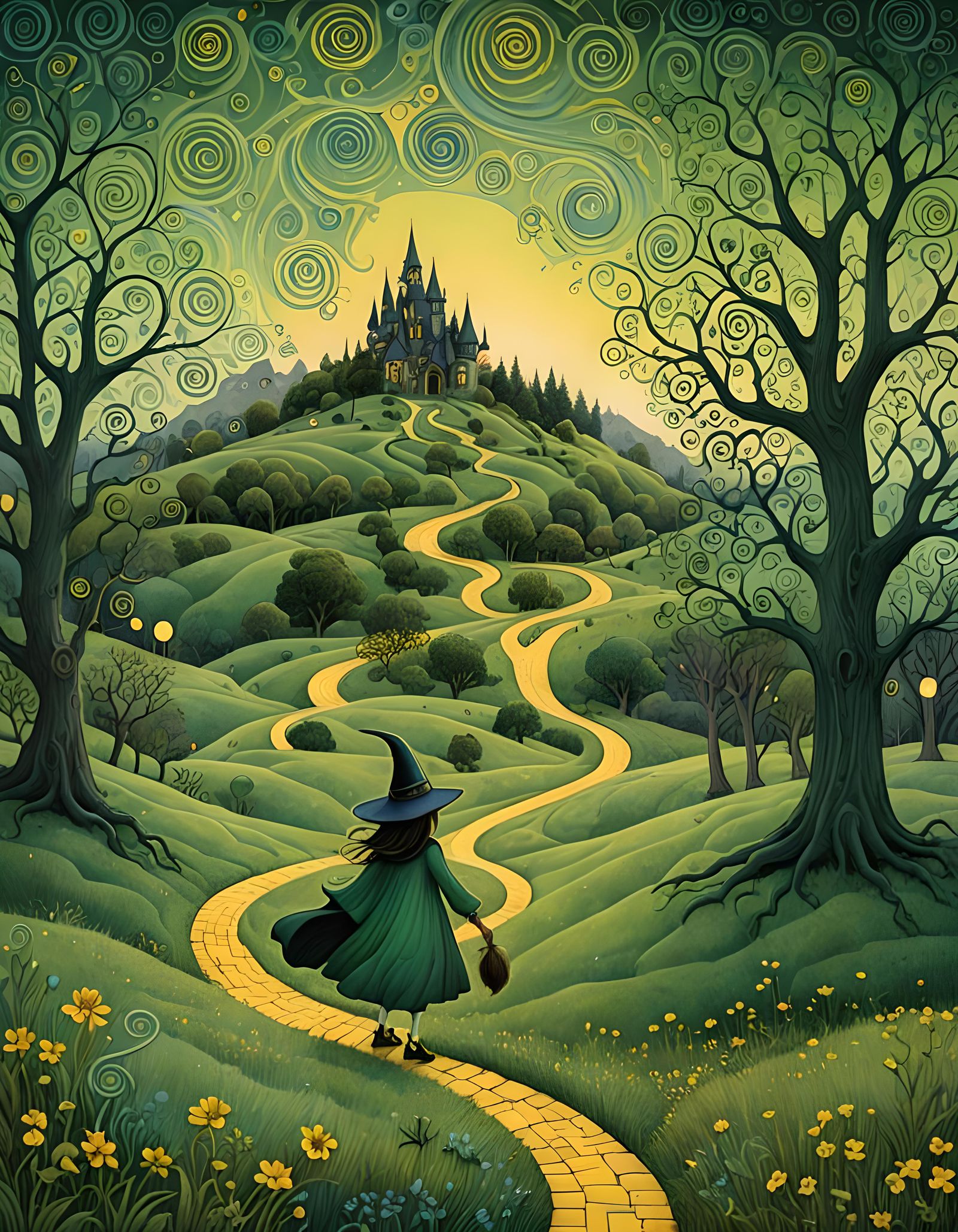 Whimsical Witch on Yellow Brick Road Illustration