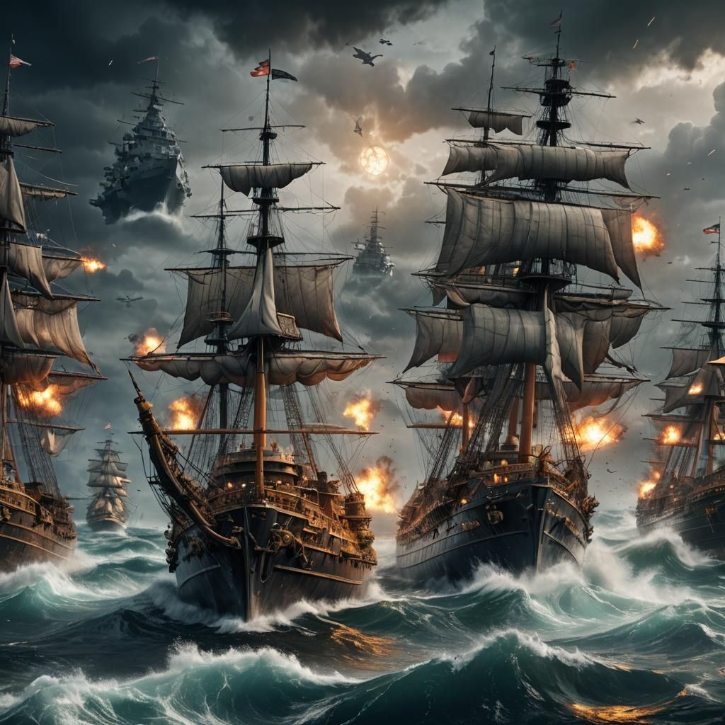 Battleships Clash on Raging Seas: Detailed Matte Painting