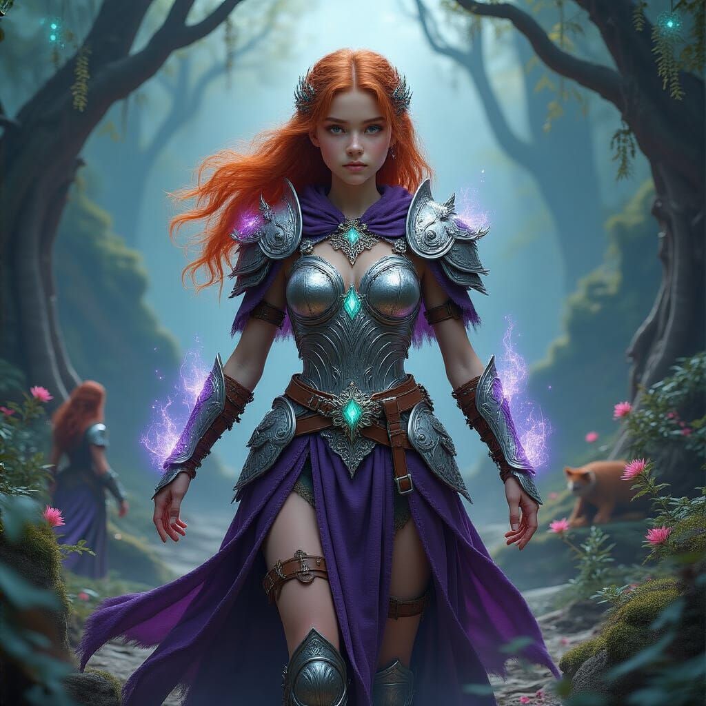 Ethereal Red-Haired Warrior in Fantasy Realm