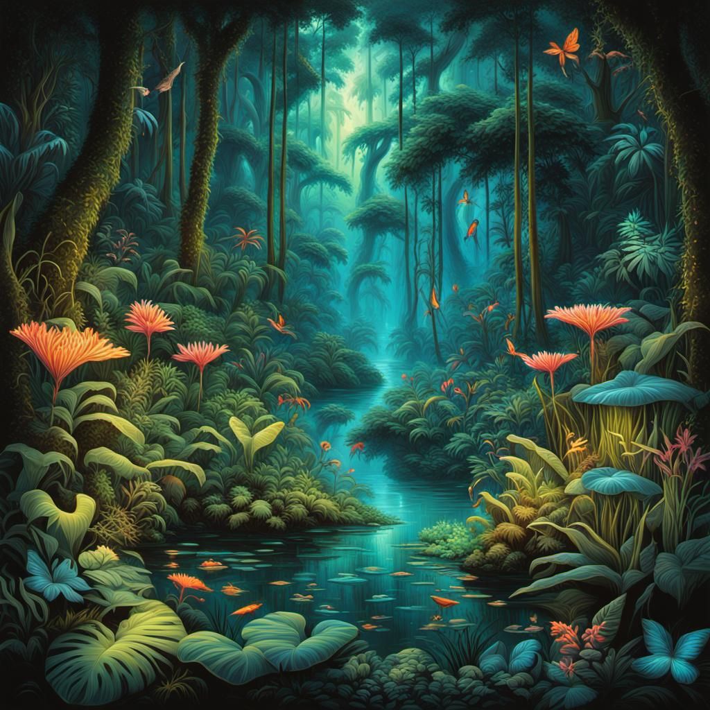 enchanted jungle, bathed in bioluminescent flora and fauna.