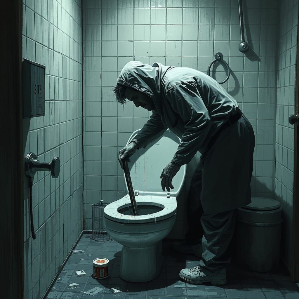 Janitor Cleans Toilet in a Dark, Sinister Bathroom Scene