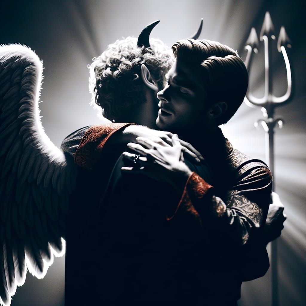Angel Comforts Devil in Hyperrealistic Embrace