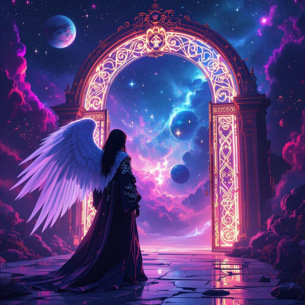 Streetwear Angel Guards Luminous Gate in Cosmic Expanse