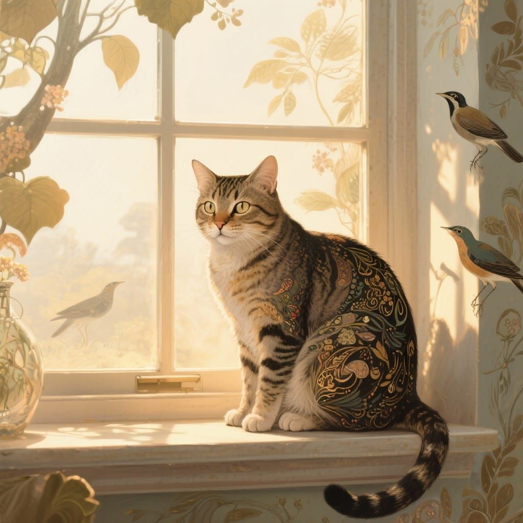 Cat Bathed in Sunlight on Windowsill