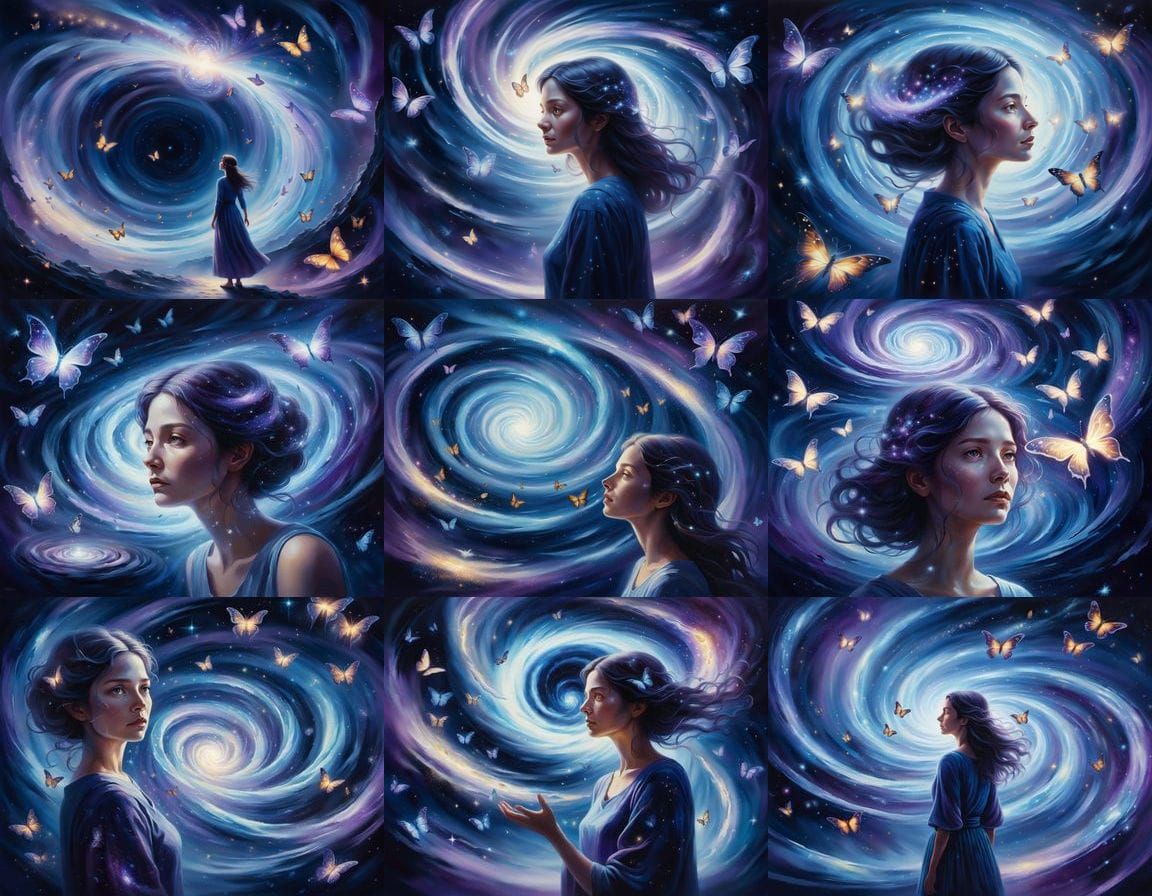 Woman Gazes at Stardust Vortex in Ethereal Oil Painting