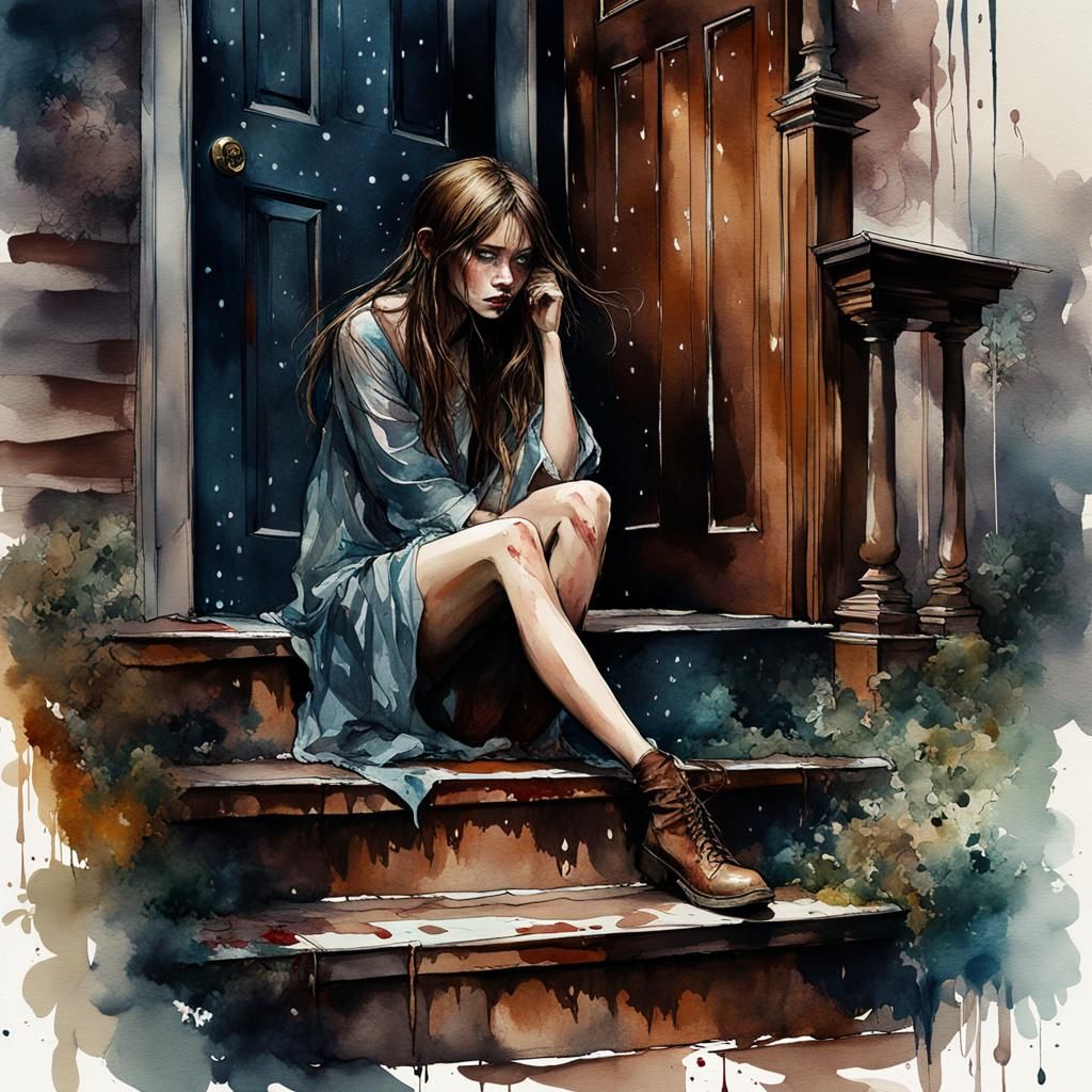Scared Girl in Rain: Stylized Watercolor Illustration