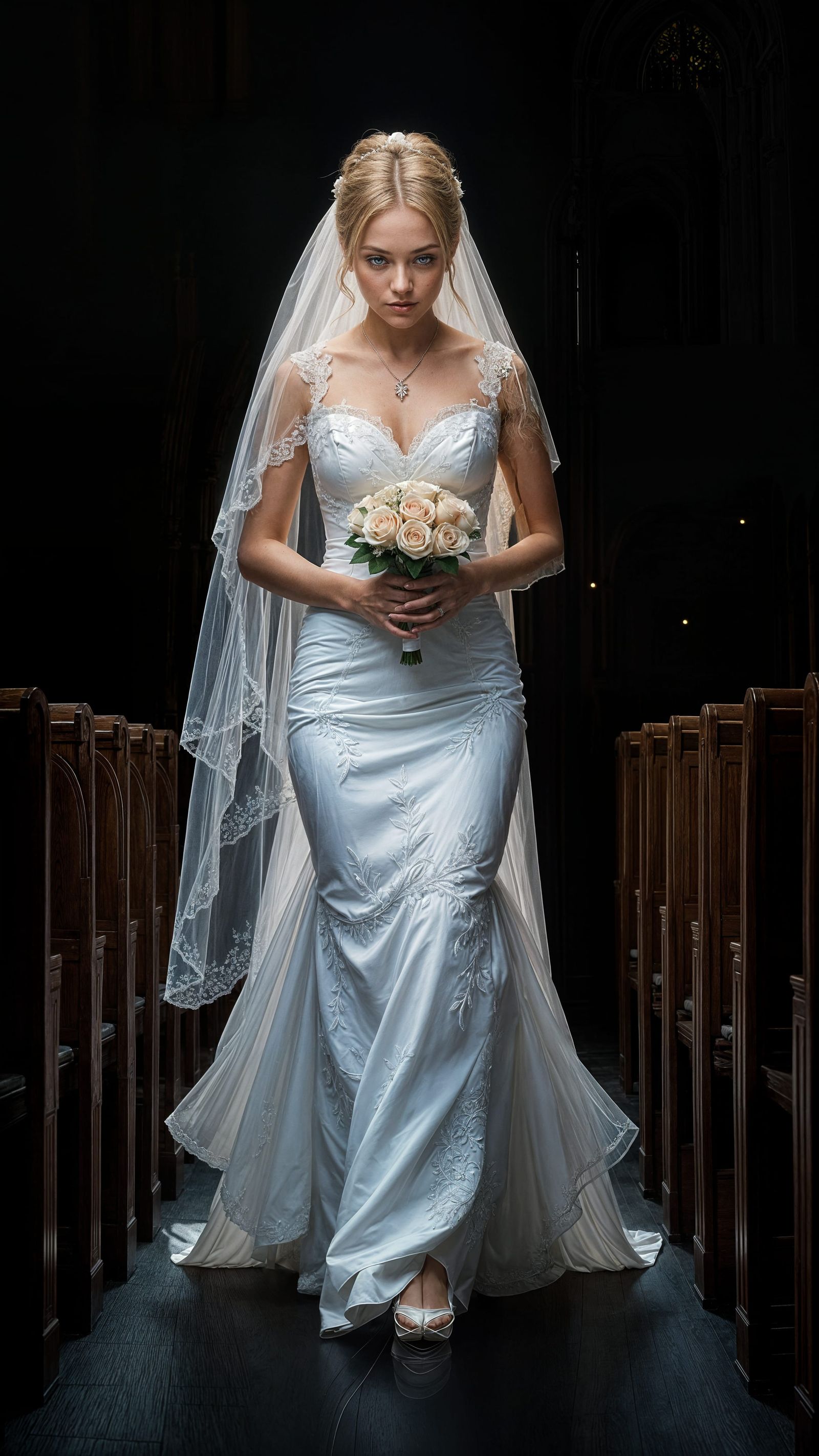 Romantic Bride Walking Down the Church Aisle in Elegant Wedd...