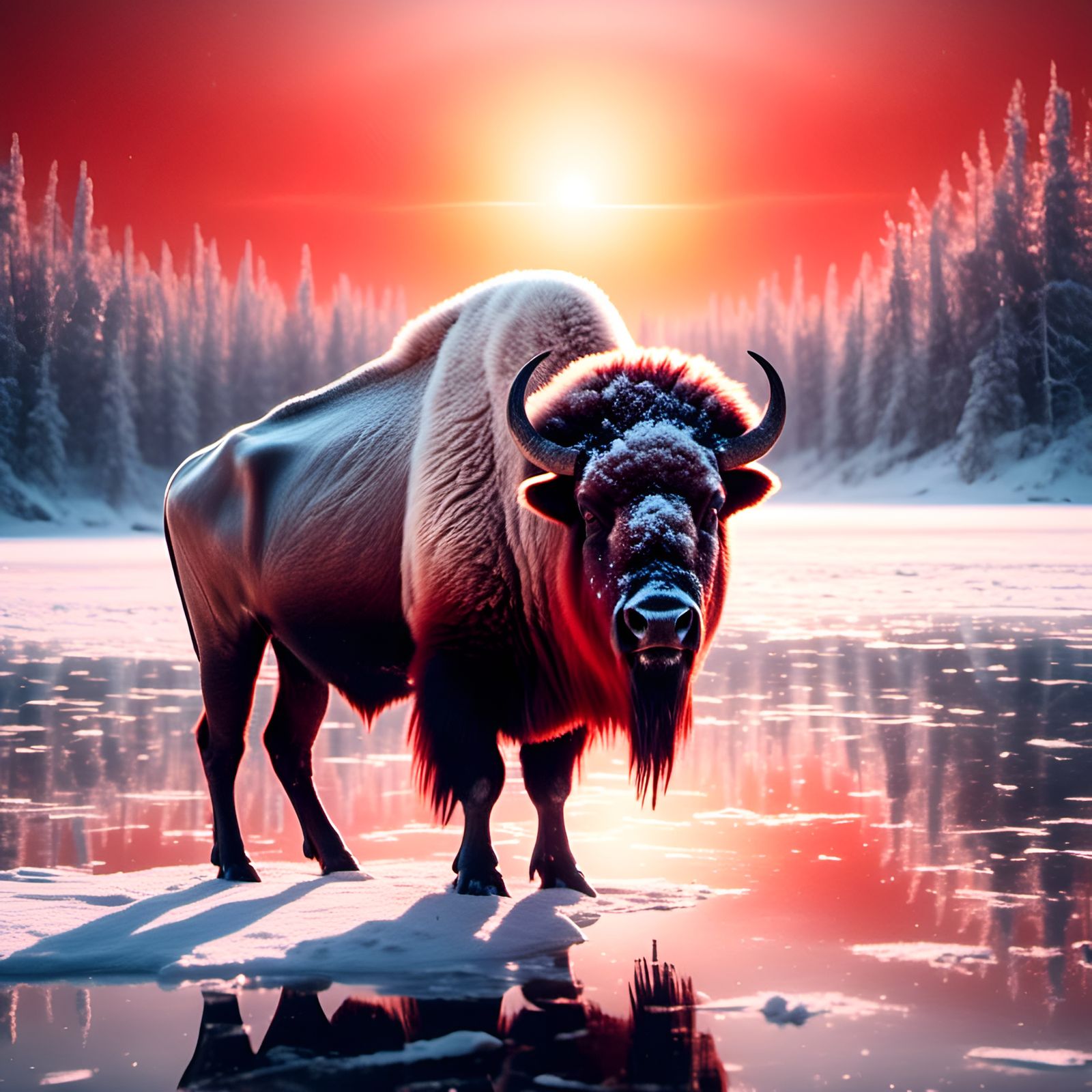 White Bison Gazing at Red Sun in Abstract