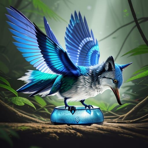 Vibrant Blue Wolf-Hummingbird in Flight, Forest Edge