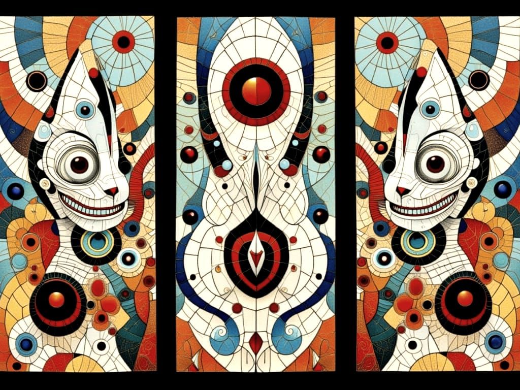 Bauhaus-Inspired Mosaic Triptych with Vibrant Oriental and F...