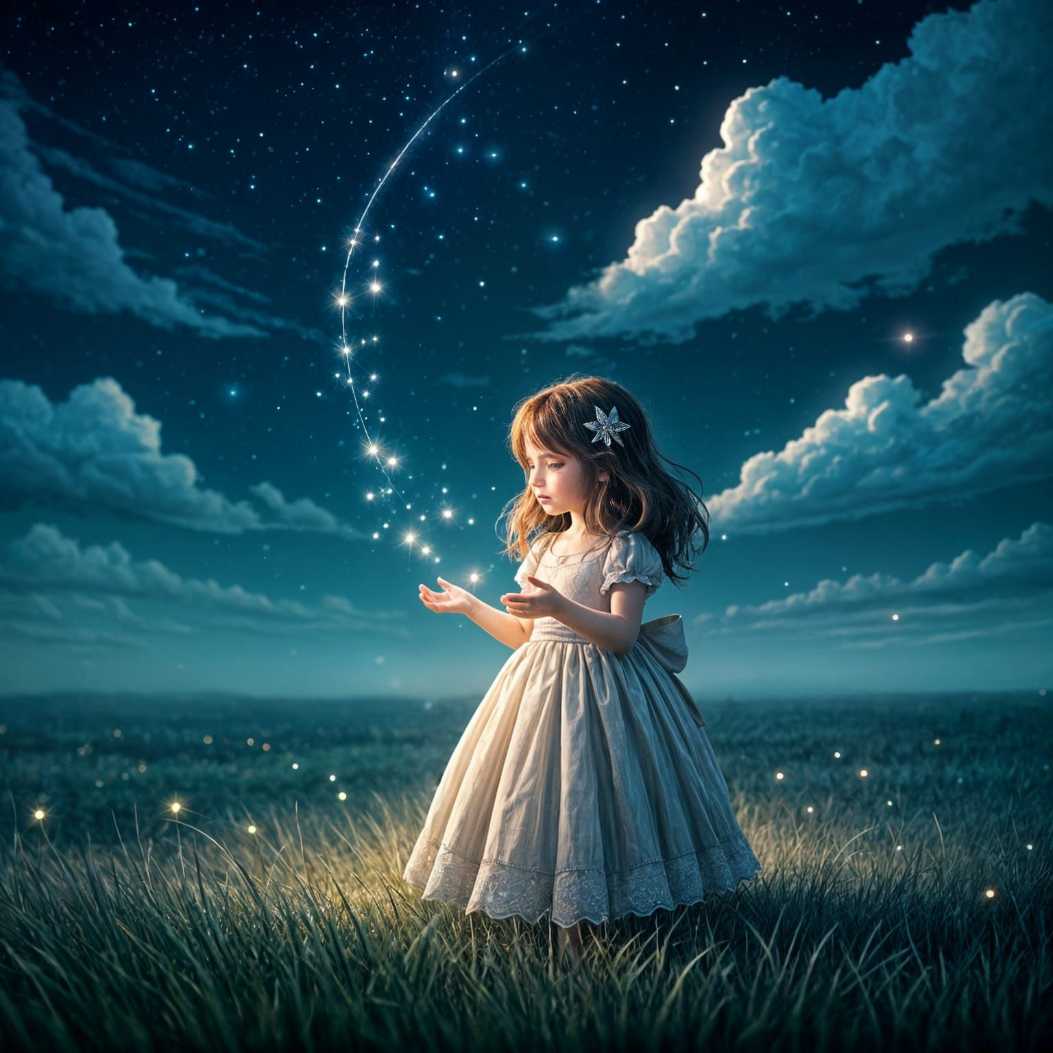 Girl Catching Stars, Digital Illustration in Manhwa Style