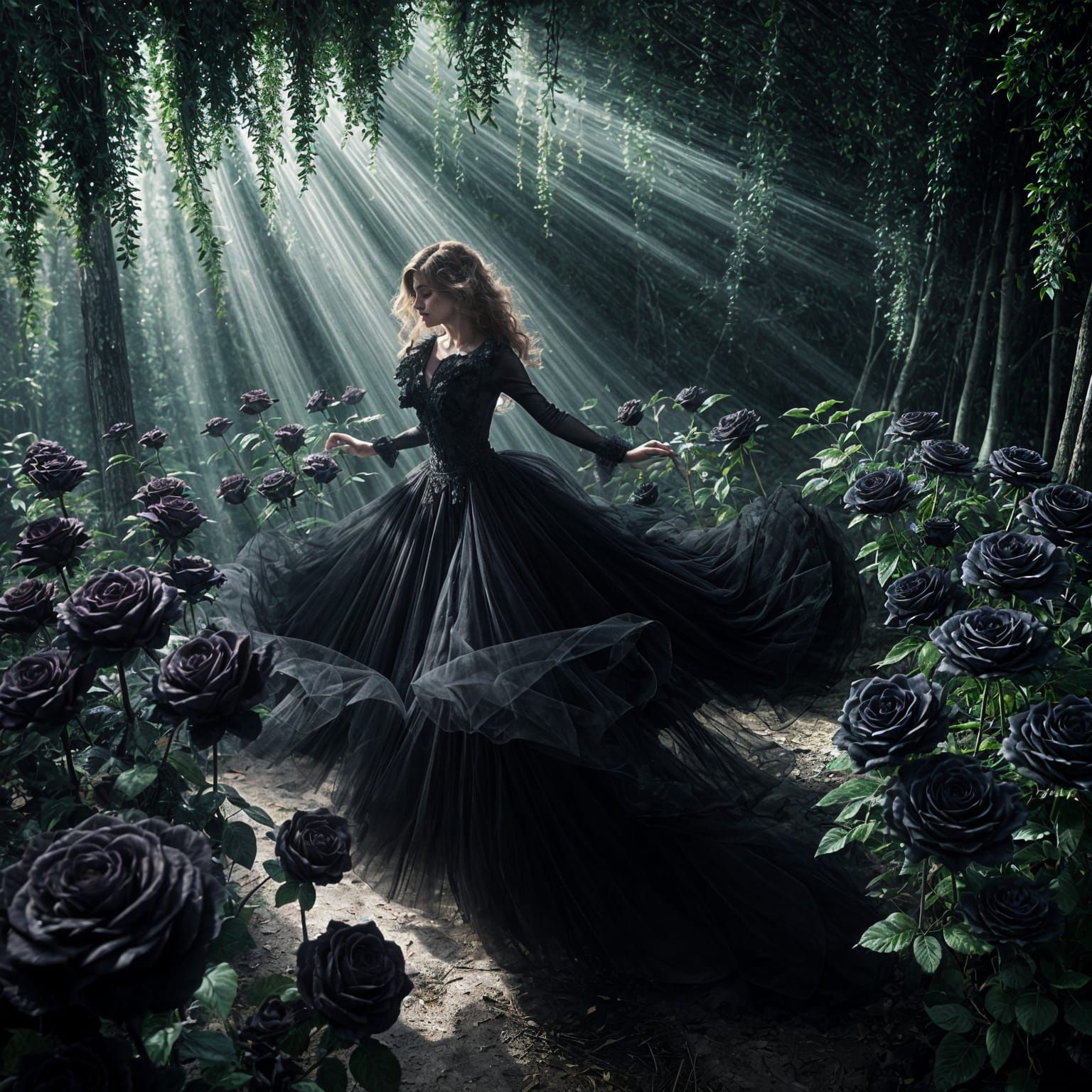 Mystical Dance of Light and Shadow in Rose Forest