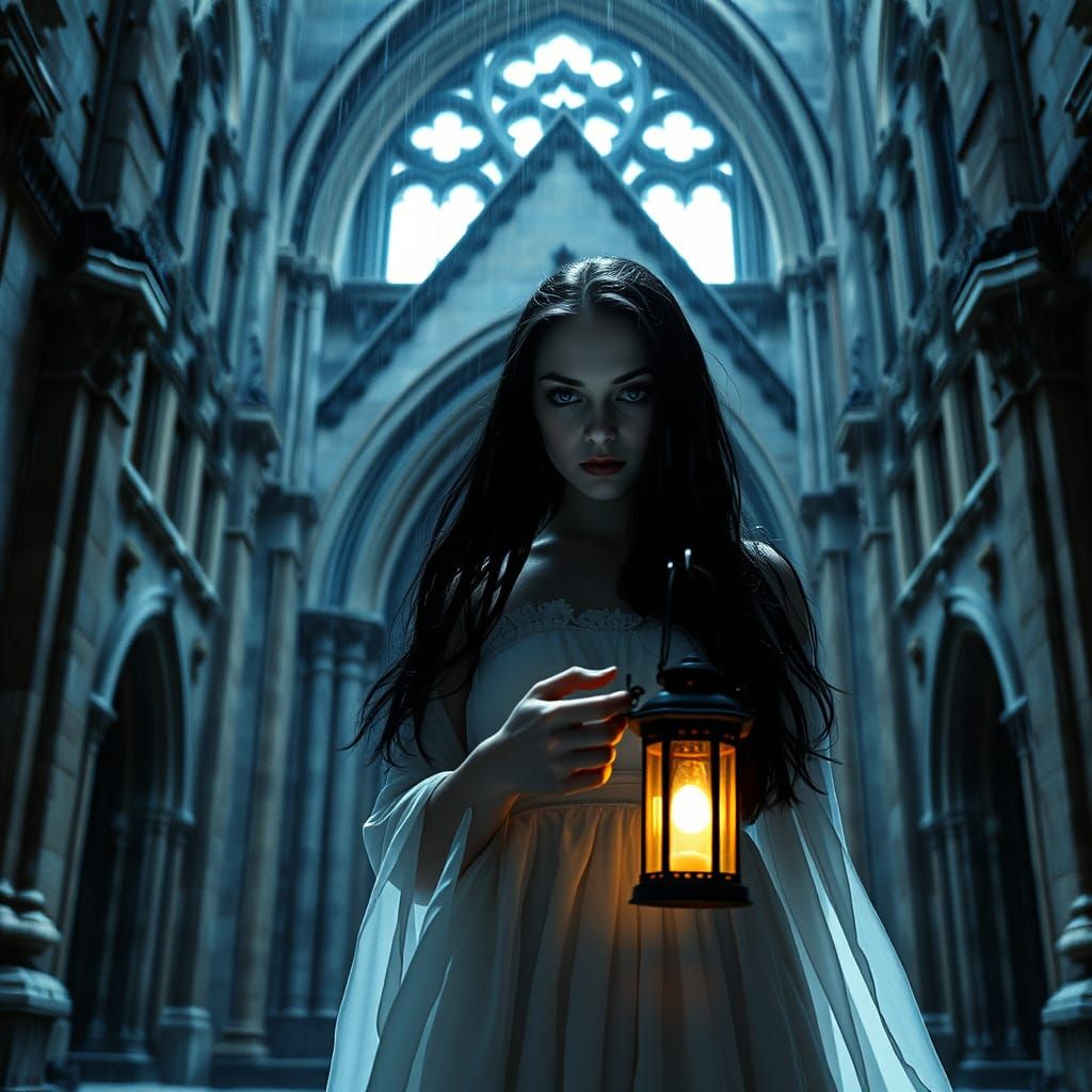 Mysterious Woman in a Haunted Gothic Cathedral at Dusk