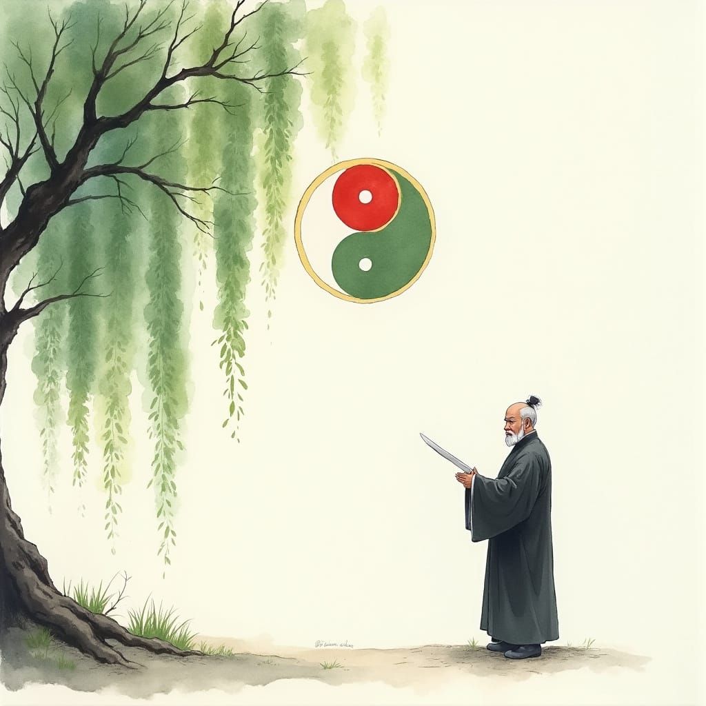 Weeping Willow, Yin Yang, and Tai Chi Master in Watercolor S...