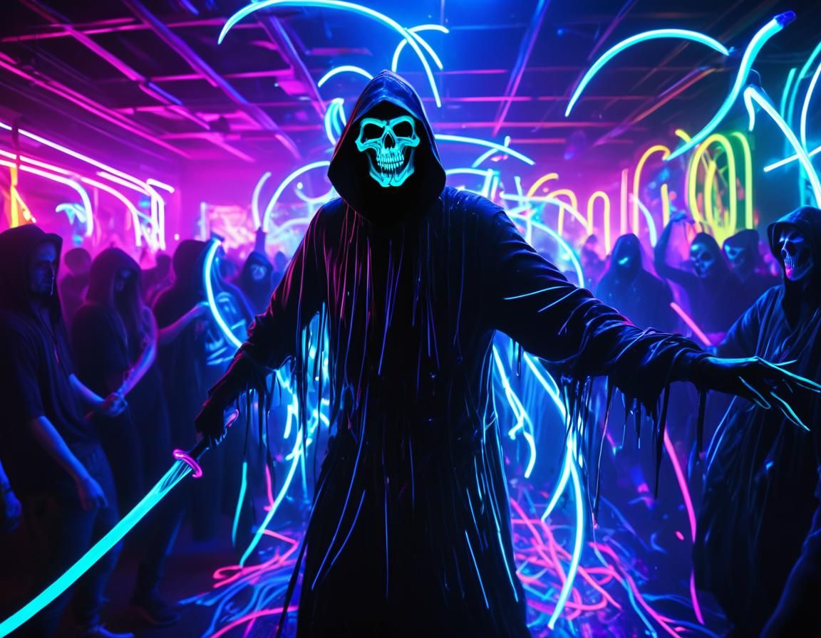 Grim Reaper Dances in Neon Cyberpunk Rave