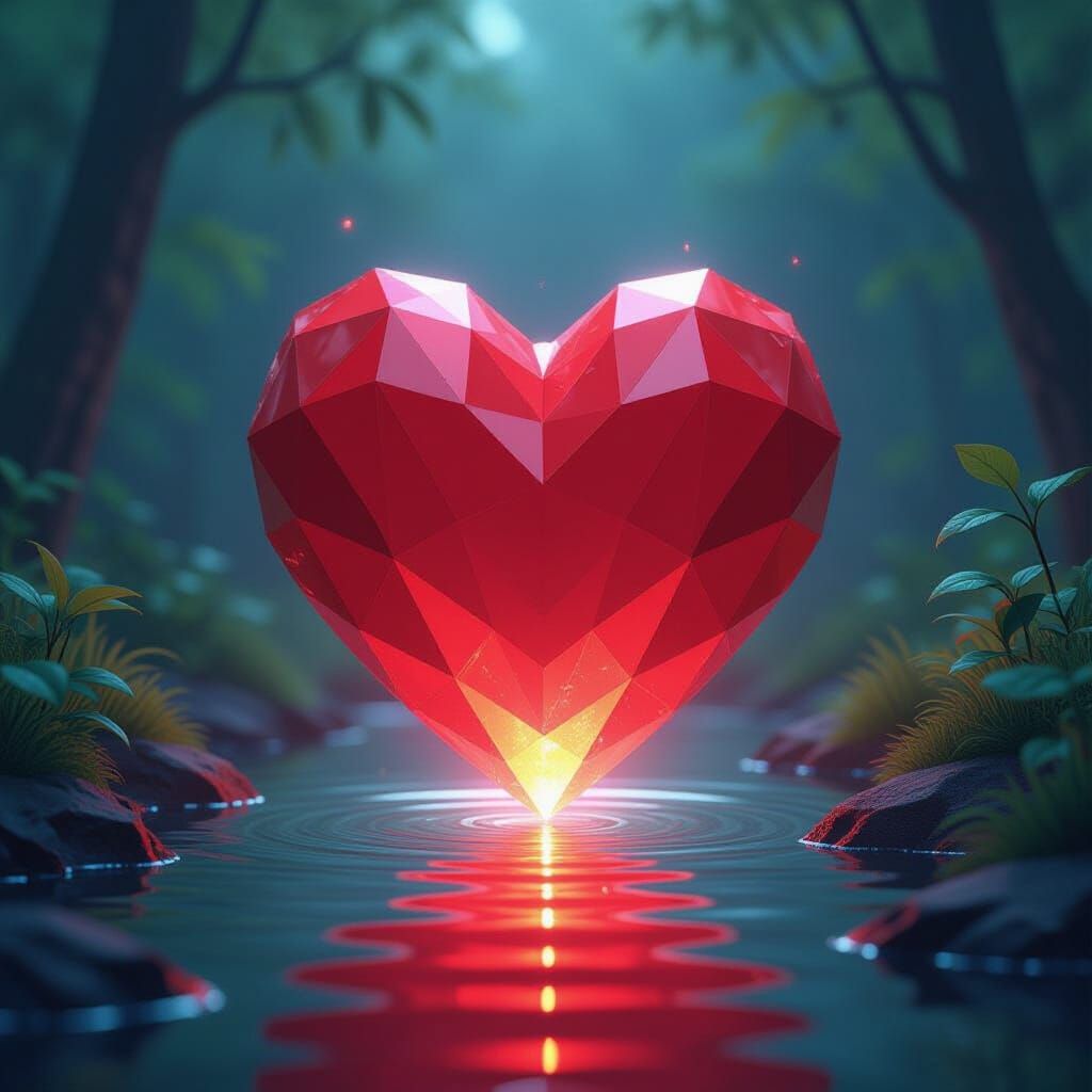 Floating Red Heart in Futuristic Watercolor Landscape