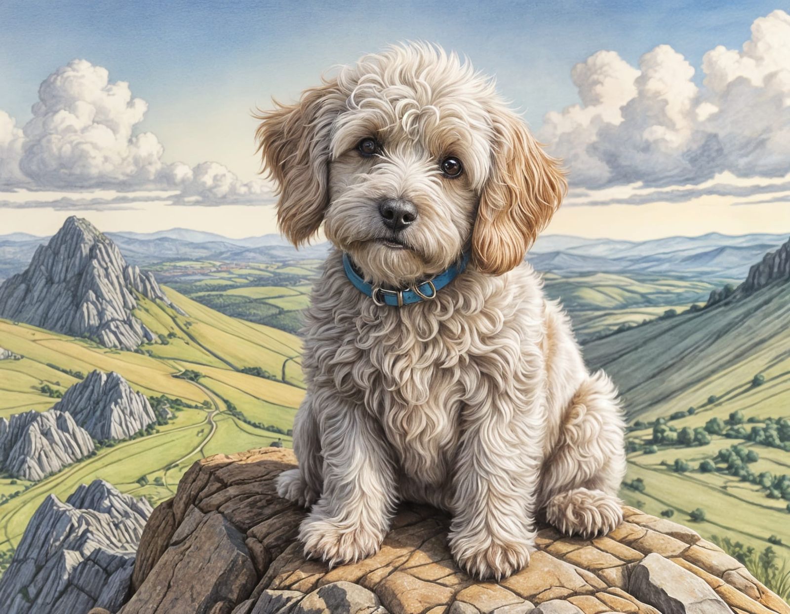 Cute Cockerpoo at Mountain Summit in Hand-Drawn Style
